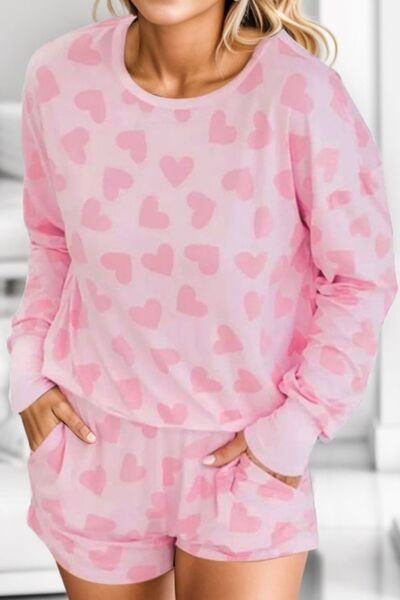 Heart Print Round Neck Top and Shorts Lounge Set - Corinth & Main