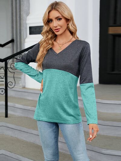 Color Block V-Neck Long Sleeve T-Shirt - Corinth & Main