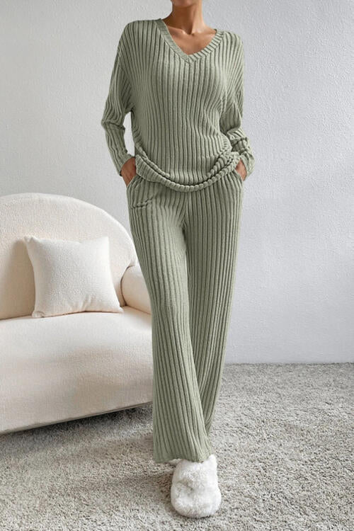 Ribbed V-Neck Top and Pants Set - Corinth & Main