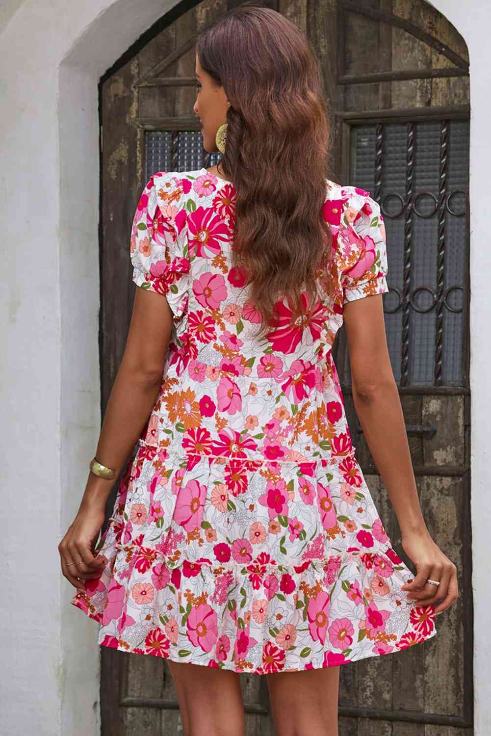 Floral V-Neck Short Sleeve Dress - Corinth & Main