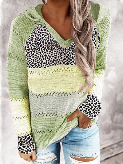 Full Size Openwork Leopard Drawstring Hooded Sweater - Corinth & Main