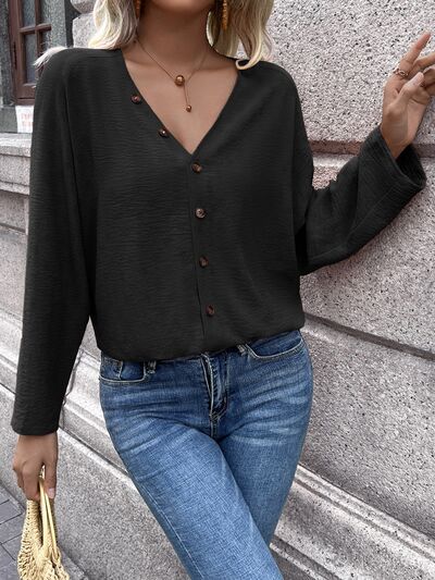 Button Up V-Neck Long Sleeve Shirt - Corinth & Main