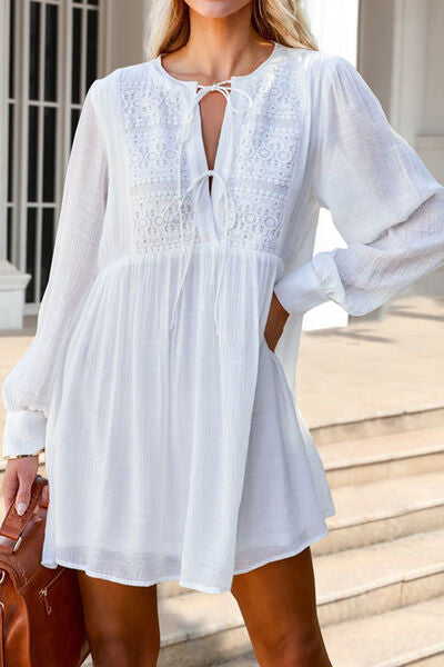 Lace Detail Tie Neck Mini Dress - Corinth & Main