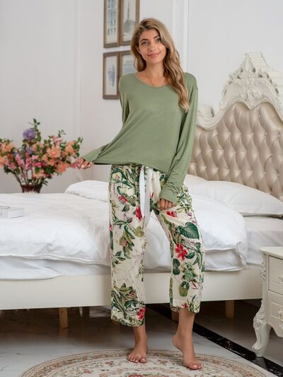 Round Neck Top and Printed Pants Lounge Set - Corinth & Main