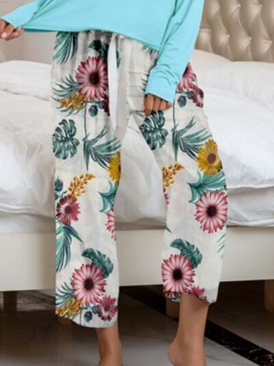 Round Neck Top and Printed Pants Lounge Set - Corinth & Main