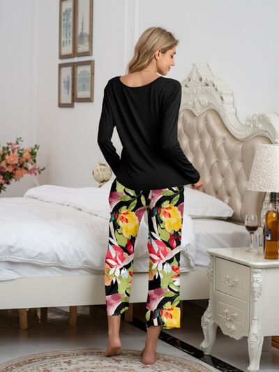 Round Neck Top and Printed Pants Lounge Set - Corinth & Main