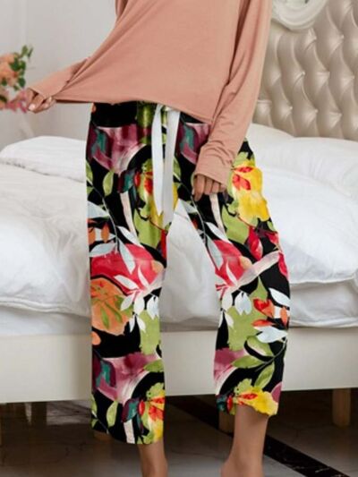 Round Neck Top and Printed Pants Lounge Set - Corinth & Main