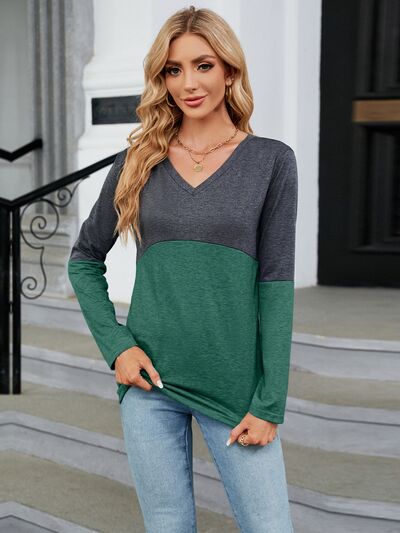 Color Block V-Neck Long Sleeve T-Shirt - Corinth & Main