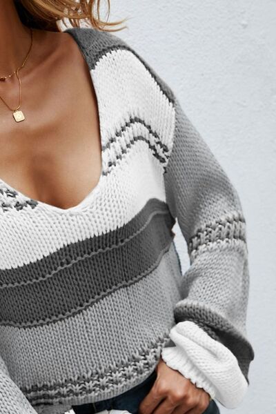 Color Block V-Neck Dropped Shoulder Sweater - Corinth & Main