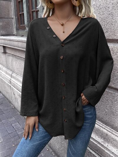 Button Up V-Neck Long Sleeve Shirt - Corinth & Main